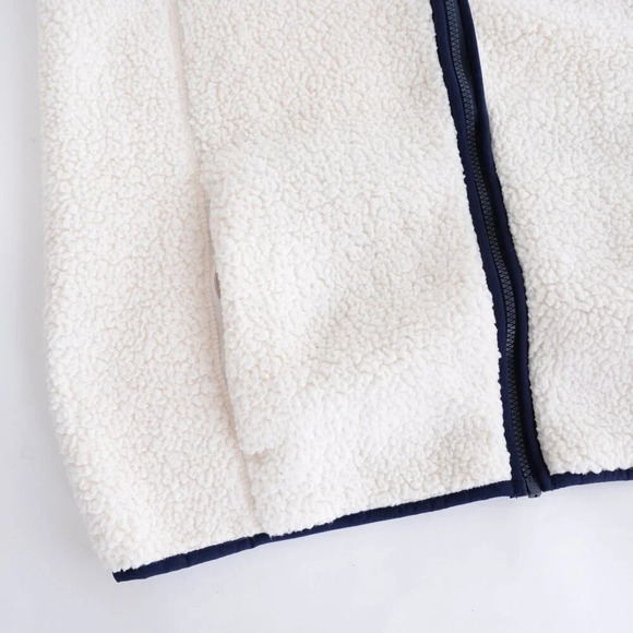 Lands End Cream And Navy  Fleece Breathable Zip Up Sweater Size Large - Picture 8 of 12